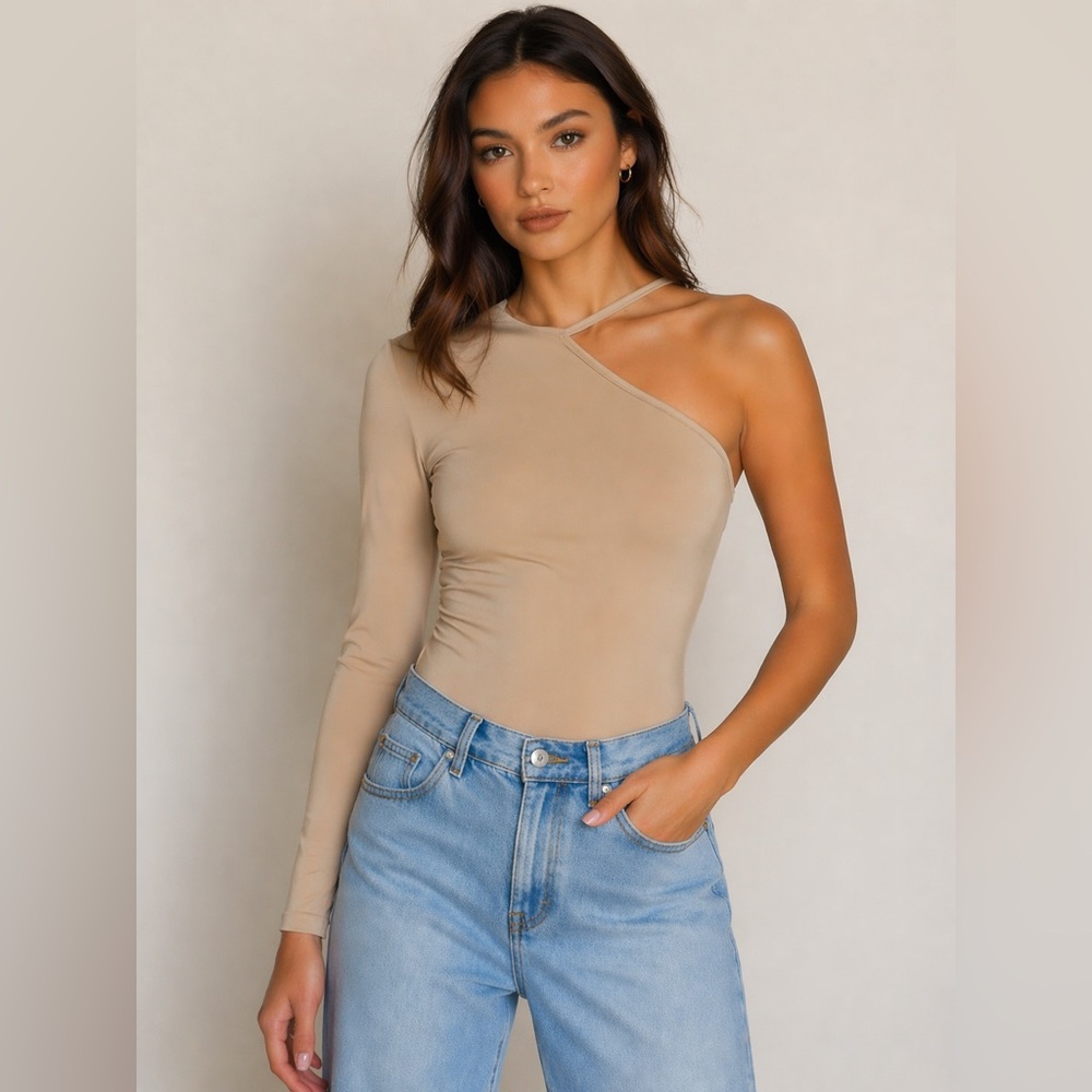 NWT Missguided Taupe One Shoulder Long Sleeve Bodysuit US 4